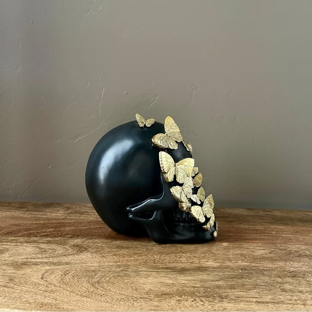 Black Skeleton Skull Gold Metal Butterflies Dark Coquette Glam Gilded Halloween